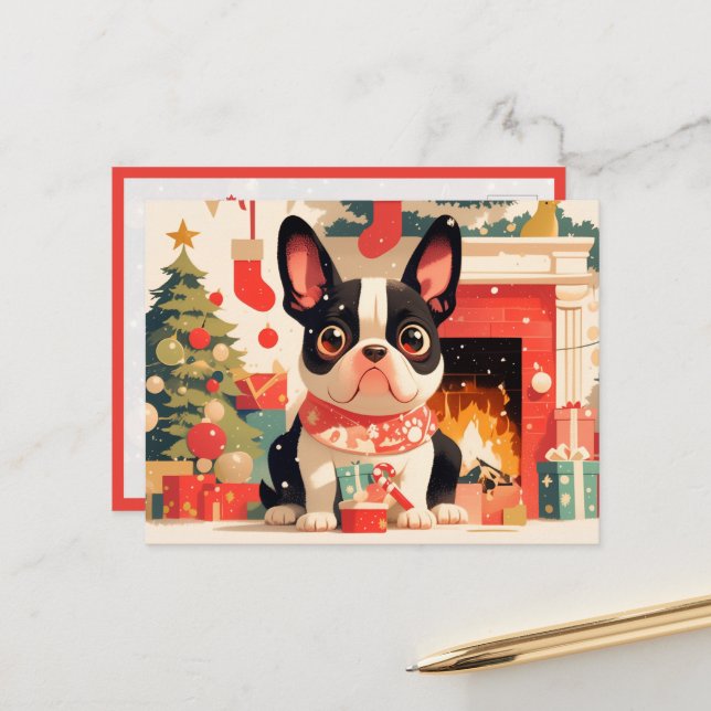 Cartão Postal Cute French Bulldog by the Christmas Fireplace (Frente/Verso In Situ)