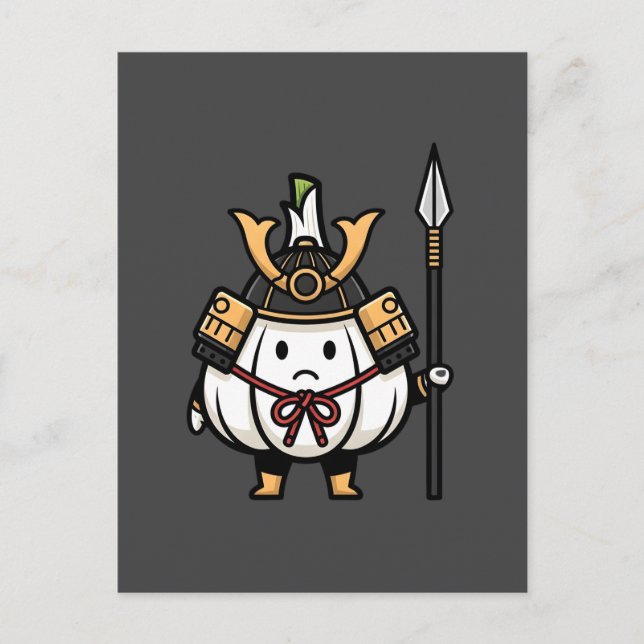 Cartão Postal Cute Garlic Samurai Castle Guard Yari Illustration (Frente)