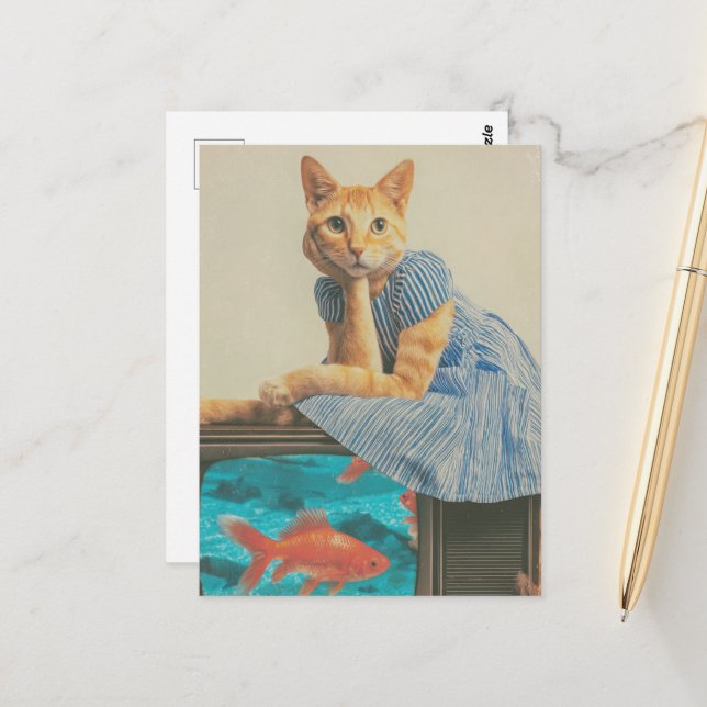 Cartão Postal Cute Ginger Cat With Goldfish Retro Collage (Frente/Verso In Situ)