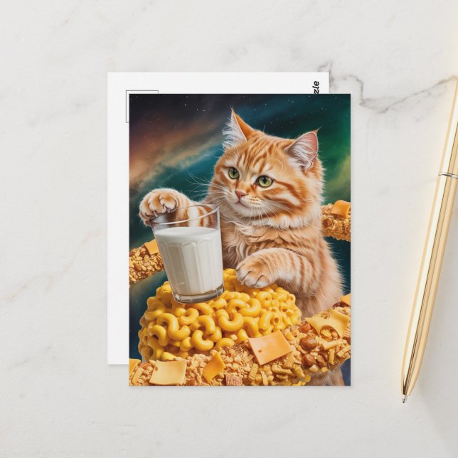 Cartão Postal Cute Ginger Cat With Milk in Space (Frente/Verso In Situ)