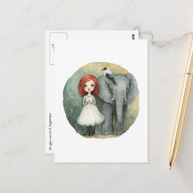 Cartão Postal Cute Girl Red Hair With Elephant and Bird (Frente/Verso In Situ)