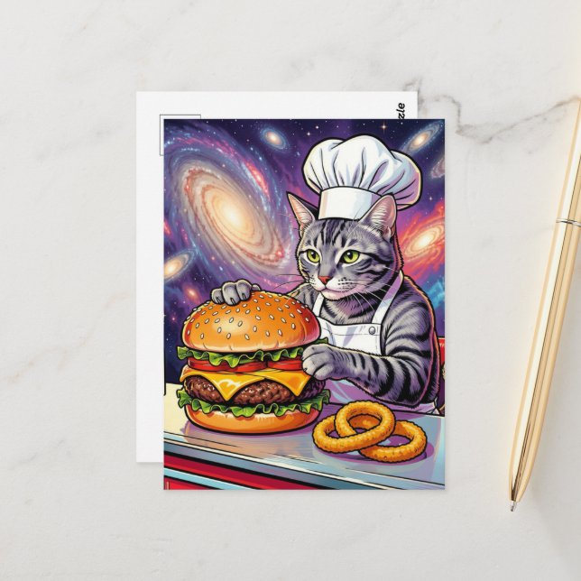 Cartão Postal Cute Grey Tabby Cat Chef Making Cheeseburger (Frente/Verso In Situ)