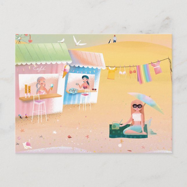 Cartão Postal Cute illustration of mermaids' day on the Beach (Frente)