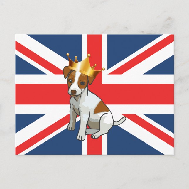 Cartão Postal Cute Jack Russell usando uma Coroa e Union Jack (Frente)