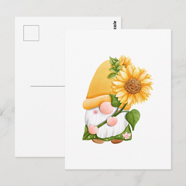 Cartão Postal Cute Jardim de Verão Gnomo com Girassóis (Frente/Verso)