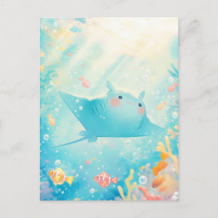 Cartão Postal Cute Kawaii Raia Manta Oceano Ensolarado