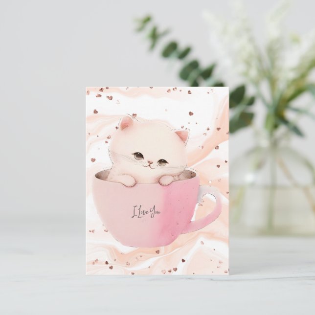 Cartão Postal Cute Kitten em um Teacup (Em pé/Frente)
