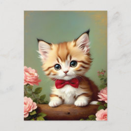 Cartão Postal Cute Kitten Vestindo um Arco Vermelho. Pintura a ó