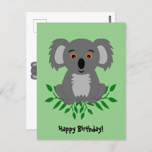 Cartão Postal Cute koala com aniversário de criança de eucalipto