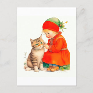 Cartão Postal Cute Little Girl With Kitten Chritmas