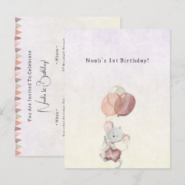 Cartão Postal Cute Little Mouse With Pink Balloons Invitation