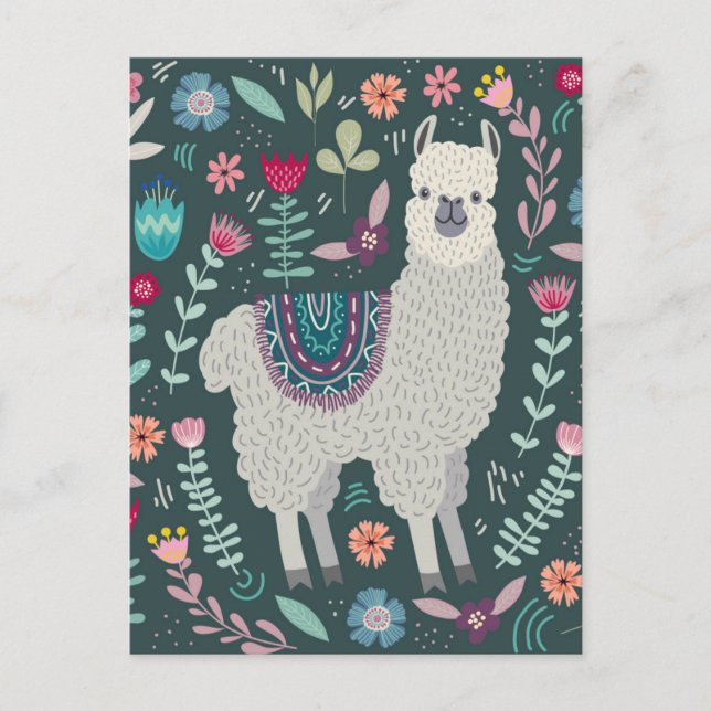 Cartão Postal Cute Llama Floral Design (Frente)