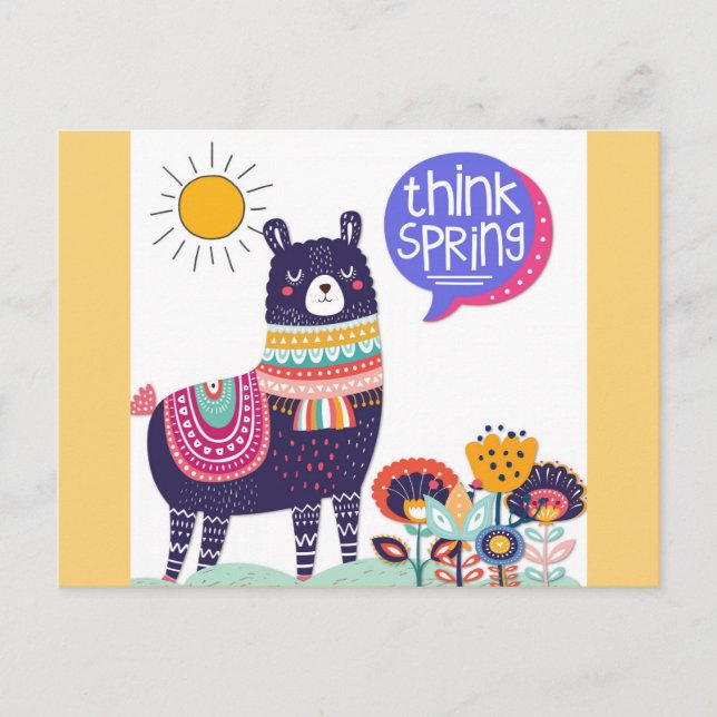 Cartão Postal Cute Llama Think Primavera (Frente)