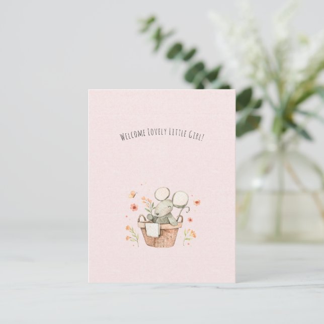 Cartão Postal Cute Mouse With Flowers Welcome Baby Girl Daughter (Em pé/Frente)