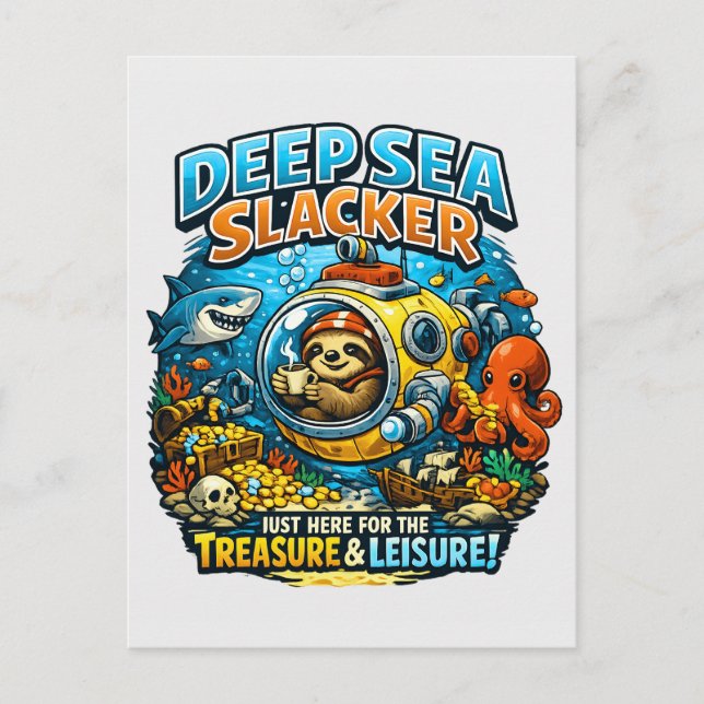 Cartão Postal Cute Ocean Adventure Humor, Funny Sloth Diving art (Frente)