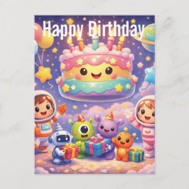 Cartão Postal Cute Outer Space Birthday Party with Astronauts 