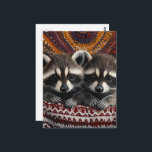 Cartão Postal Cute Pair of Raccoon Babies in red blanket<br><div class="desc">A beautiful pair of raccoon babies nice and warm under the blanket fantasy AI generated painting</div>