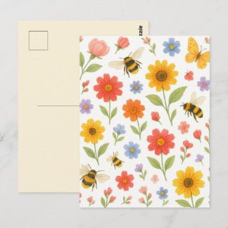 Cartão Postal Cute Pastel Flowers Bumblebee Garden Post Card