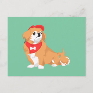Cartão Postal Cute Pekingese com Chapéu Vermelho e Cão Bone Ba