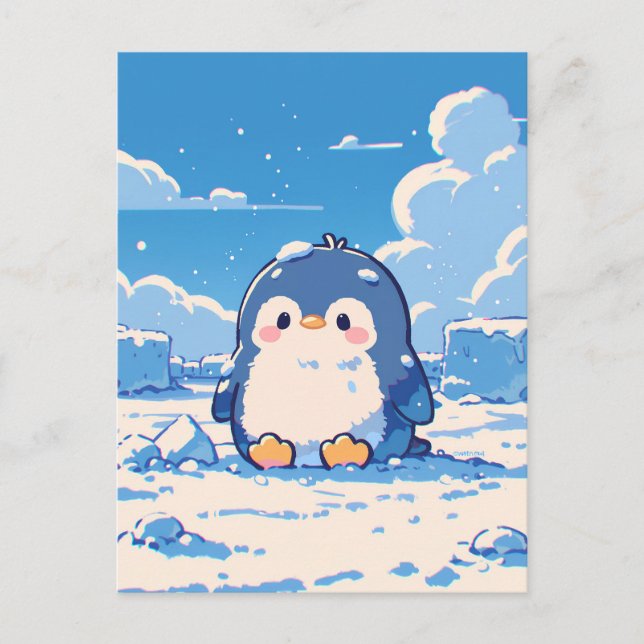 Cartão Postal Cute Penguin Chick in Snowy Arctic Landscape (Frente)