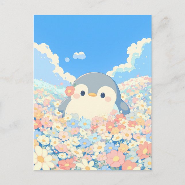 Cartão Postal Cute Penguin in Colorful Spring Meadow (Frente)