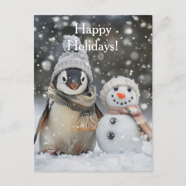 Cartão Postal Cute penguin with a snowman winter theme (Frente)