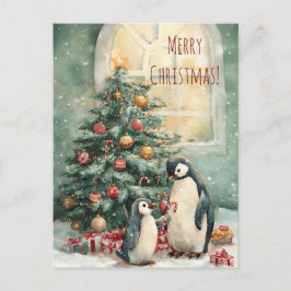 Cartão Postal Cute penguins decorates Christmas tree, Christmas
