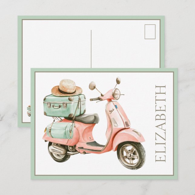 Cartão Postal Cute Pink and Aqua Coastal Scooter (Frente/Verso)