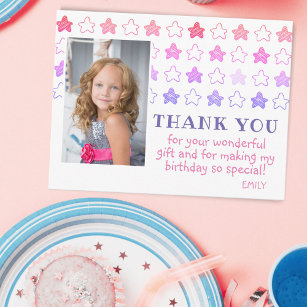 Cartão Postal Cute Pink Star Girly Photo Birthday Thank You