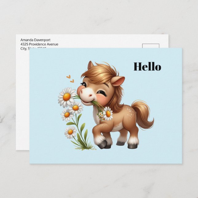 Cartão Postal Cute Pony Eating Daisies (Frente/Verso)