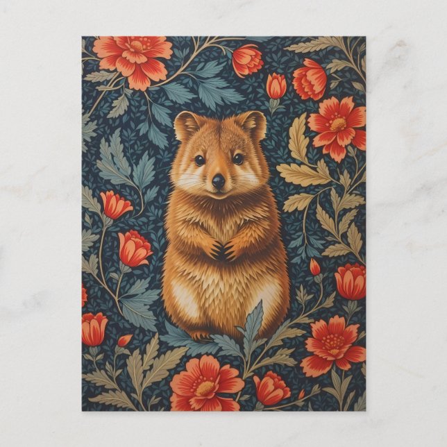 Cartão Postal Cute Quokka William Morris Inspirou Floral (Frente)