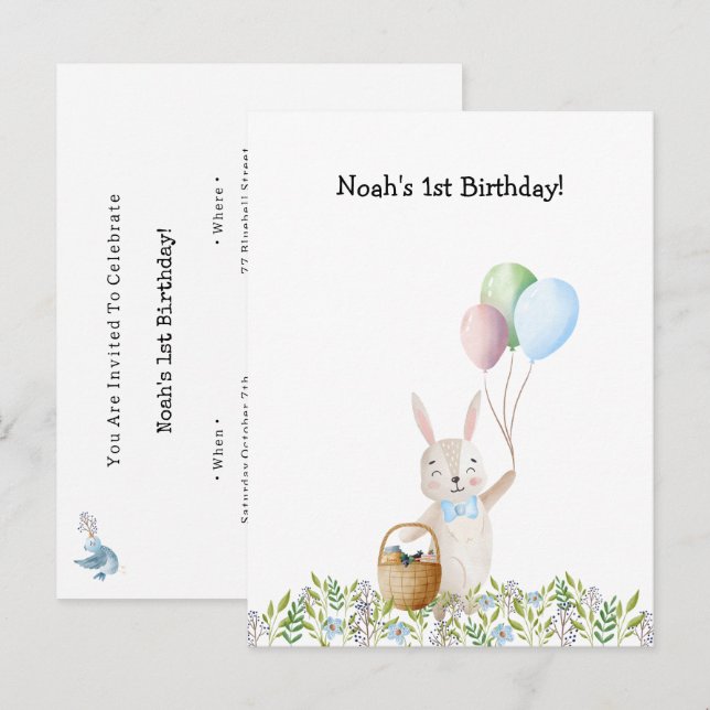 Cartão Postal Cute Rabbit On A Picnic With Balloons Invitation (Frente/Verso)