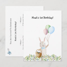 Cartão Postal Cute Rabbit On A Picnic With Balloons Invitation