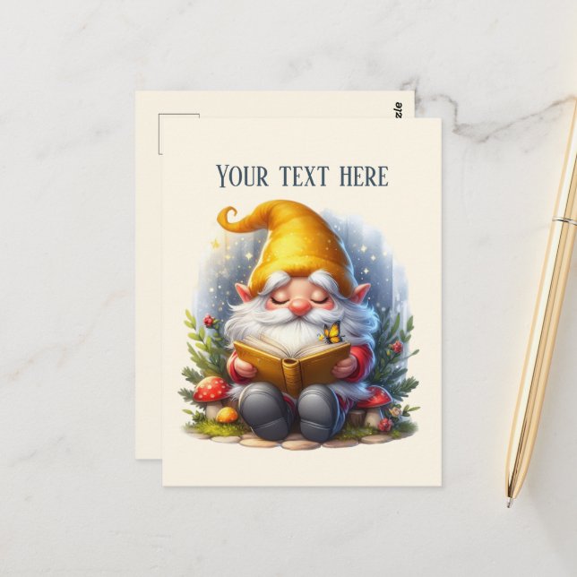 Cartão Postal Cute reading gnome customizable (Frente/Verso In Situ)