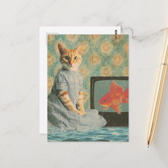 Cartão Postal Cute Retro Ginger Cat With Goldfish Retro Collage (Frente/Verso In Situ)