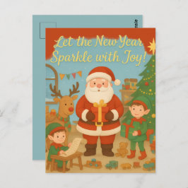 Cartão Postal Cute Santa & Elves New Year Holiday Card