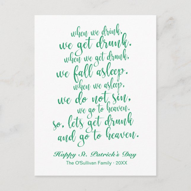 Cartão Postal Cute Script Irish Toast St. Patrick's Day (Frente)