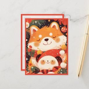 Cartão Postal Cute Shiba Inu Abraçando Panda de Pelúcia