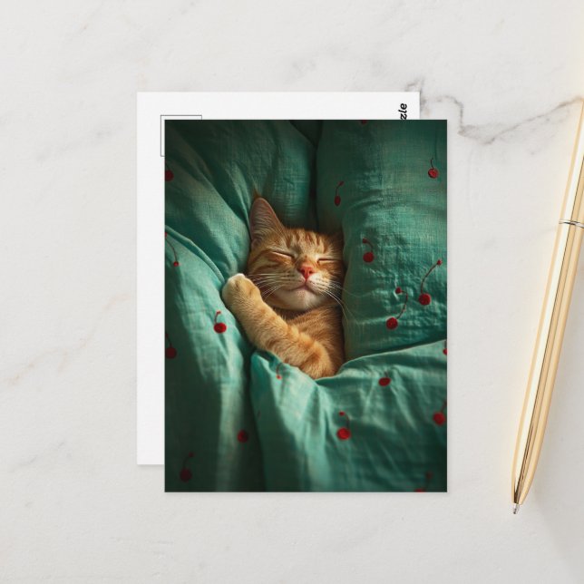 Cartão Postal Cute Sleepy Ginger Kitty  (Frente/Verso In Situ)