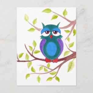 Cartão Postal Cute sleepy owl on a tree cartoon