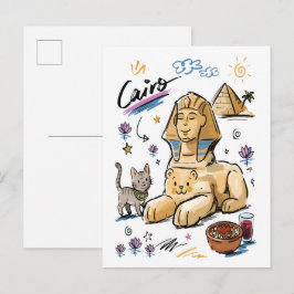 Cartão Postal Cute Sphinx Cairo Egito Arte Doodle