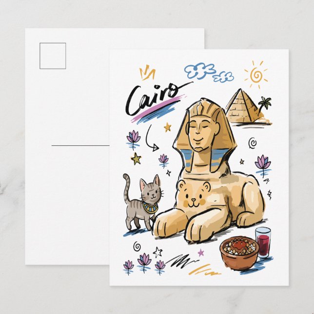 Cartão Postal Cute Sphinx Cairo Egito Arte Doodle (Frente/Verso)