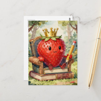 Cartão Postal Cute Strawberry Royalty on a Book Throne