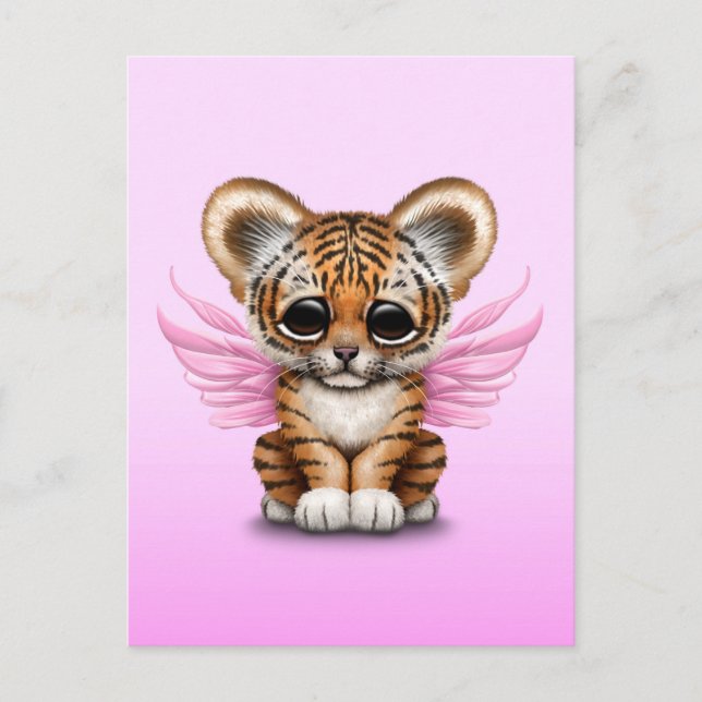 Cartão Postal Cute Tiger Cub com Asas de Fada em Rosa (Frente)