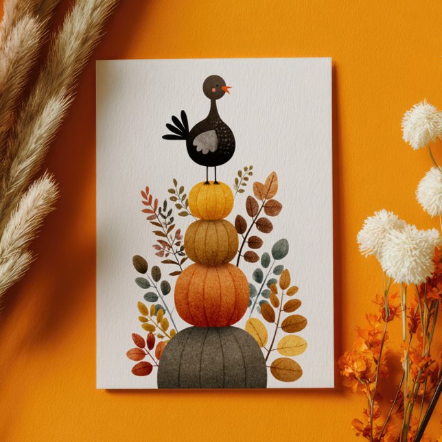 Cartão Postal Cute Turkey on Fall Pumpkins Retro Thanksgiving (Criador carregado)