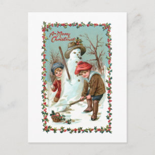 Cartão Postal Cute Vintage Children e Snowman