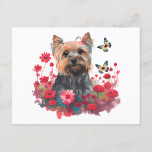 Cartão Postal Cute Watercolor Yorkshire Terrier Puppy & Flowers