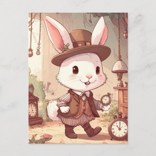 Cartão Postal Cute White Rabbit Wonderland Whimsical Timekeeper (Frente)