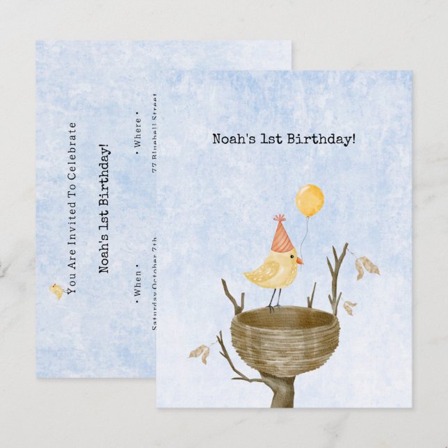 Cartão Postal Cute Yellow Baby Bird With Balloon Invitation (Frente/Verso)