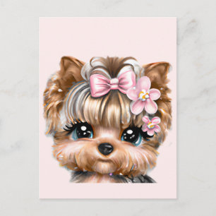 Cartão Postal Cute Yorkie Com um Laço Rosa 